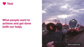 What people want to
achieve and get done
(with our help).
Task
Visit a loved one
 