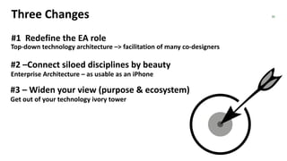 30
Top-down technology architecture –> facilitation of many co-designers
#1 Redefine the EA role
#2 –Connect siloed disciplines by beauty
Enterprise Architecture – as usable as an iPhone
#3 – Widen your view (purpose & ecosystem)
Get out of your technology ivory tower
Three Changes
 