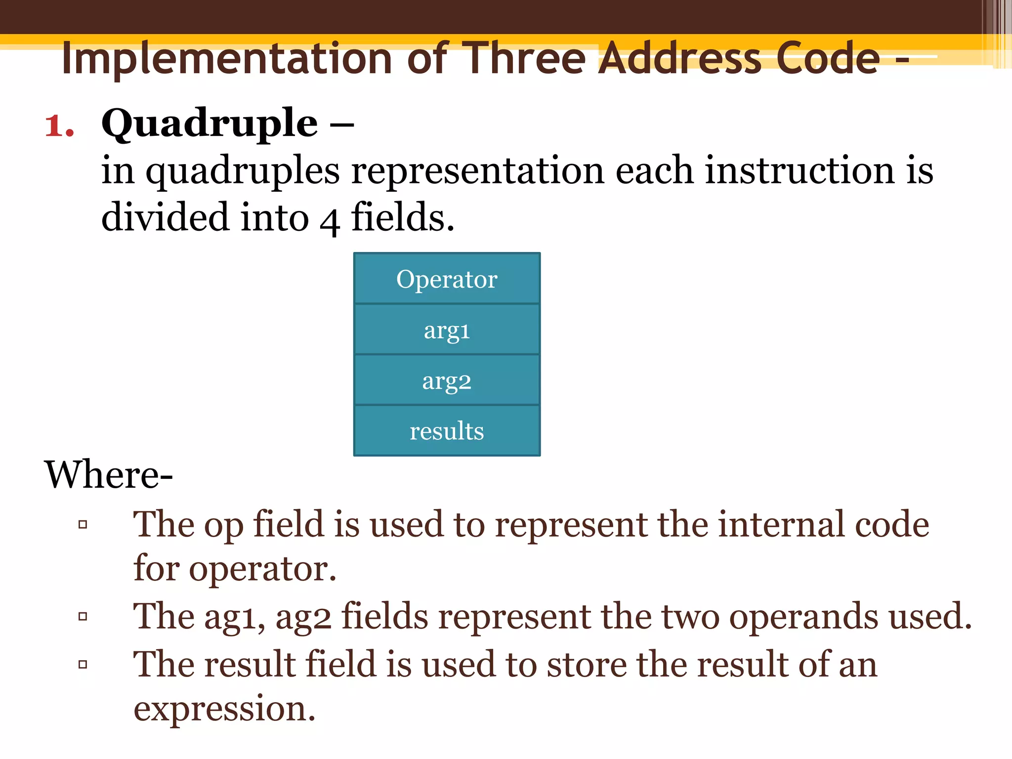 Implementation of Three Address Code –
1. Quadruple –
in quadruples representation each instruction is
divided into 4 fields.
Where-
▫ The op field is used to represent the internal code
for operator.
▫ The ag1, ag2 fields represent the two operands used.
▫ The result field is used to store the result of an
expression.
Operator
arg1
arg2
results
 