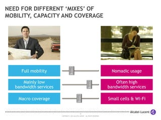 10
COPYRIGHT © 2014 ALCATEL-LUCENT. ALL RIGHTS RESERVED.
NEED FOR DIFFERENT ‘MIXES’ OF
MOBILITY, CAPACITY AND COVERAGE
Macro coverage Small cells & Wi-Fi
Mainly low
bandwidth services
Often high
bandwidth services
Full mobility Nomadic usage
 