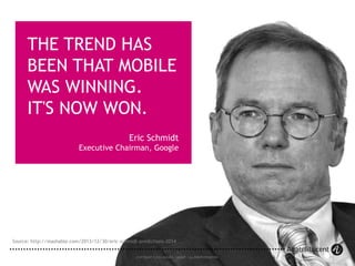3
COPYRIGHT © 2014 ALCATEL-LUCENT. ALL RIGHTS RESERVED.
THE TREND HAS
BEEN THAT MOBILE
WAS WINNING.
IT'S NOW WON.
Eric Schmidt
Executive Chairman, Google
Source: http://mashable.com/2013/12/30/eric-schmidt-predictions-2014
3
COPYRIGHT © 2014 ALCATEL-LUCENT. ALL RIGHTS RESERVED.
 
