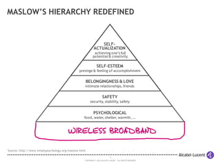 4
COPYRIGHT © 2014 ALCATEL-LUCENT. ALL RIGHTS RESERVED.
MASLOW’S HIERARCHY REDEFINED
Source: http://www.simplypsychology.org/maslow.html
PSYCHOLOGICAL
food, water, shelter, warmth, …
SAFETY
security, stability, safety
BELONGINGNESS & LOVE
intimate relationships, friends
SELF-ESTEEM
prestige & feeling of accomplishment
SELF-
ACTUALIZATION
achieving one’s full
potential& creativity
 