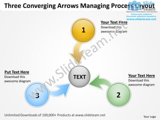 Three Converging Arrows Managing Process Layout

                              Your Text Here
                              Download this
                        1     awesome diagram




Put Text Here
Download this         TEXT                      Your Text Here
awesome diagram                                 Download this
                                                awesome diagram


                  3                   2

                                                        Your Logo
 