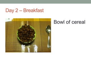 Day 2 – Breakfast

                    Bowl of cereal
 