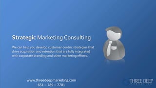 Strategic Marketing Consulting We can help you develop customer-centric strategies that drive acquisition and retention that are fully integrated with corporate branding and other marketing efforts. www.threedeepmarketing.com 651 – 789 – 7701 
