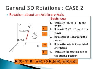  Rotation about an Arbitrary Axis
Basic Idea
1. Translate (x1, y1, z1) to the
origin
2. Rotate (x’2, y’2, z’2) on to the
z axis
3. Rotate the object around the
z-axis
4. Rotate the axis to the original
orientation
5. Translate the rotation axis to
the original position
(x2,y2,z2)
(x1,y1,z1)
x
z
y
R-1
T-1
R
T
           TRRRRRTR  xyzyx
111 

 