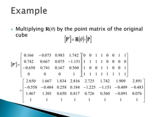      PRP  
 











































11111111
076.0091.0560.0726.0817.0650.0301.1467.1
483.0409.0151.1225.1184.0258.0484.0558.0
891.2909.1742.1725.2816.2834.1667.1650.2
11111111
10011001
00001111
11001100
1000
560.0167.0741.0650.0
151.1075.0667.0742.0
742.1983.0075.0166.0
P
 Multiplying R(θ) by the point matrix of the original
cube
 