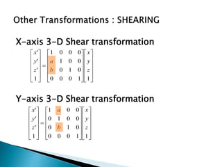 X-axis 3-D Shear transformation
Y-axis 3-D Shear transformation





































11000
010
0010
001
1
'
'
'
z
y
x
b
a
z
y
x





































11000
010
001
0001
1
'
'
'
z
y
x
b
a
z
y
x
 