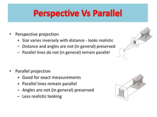 • Perspective projection
+ Size varies inversely with distance - looks realistic
– Distance and angles are not (in general) preserved
– Parallel lines do not (in general) remain parallel
• Parallel projection
+ Good for exact measurements
+ Parallel lines remain parallel
– Angles are not (in general) preserved
– Less realistic looking
 