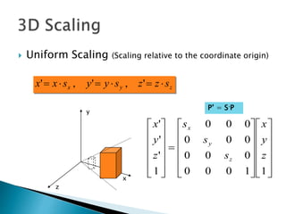  Uniform Scaling (Scaling relative to the coordinate origin)
zyx szzsyysxx  ',','





































11000
000
000
000
1
'
'
'
z
y
x
s
s
s
z
y
x
z
y
x
x
z
y
P’ = S·P
 
