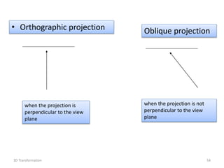 when the projection is
perpendicular to the view
plane
when the projection is not
perpendicular to the view
plane
• Orthographic projection Oblique projection
543D Transformation
 