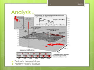 14

Analysis




(2)

Evaluate steepest slope
Perform visibility analysis

9:34 AM

 