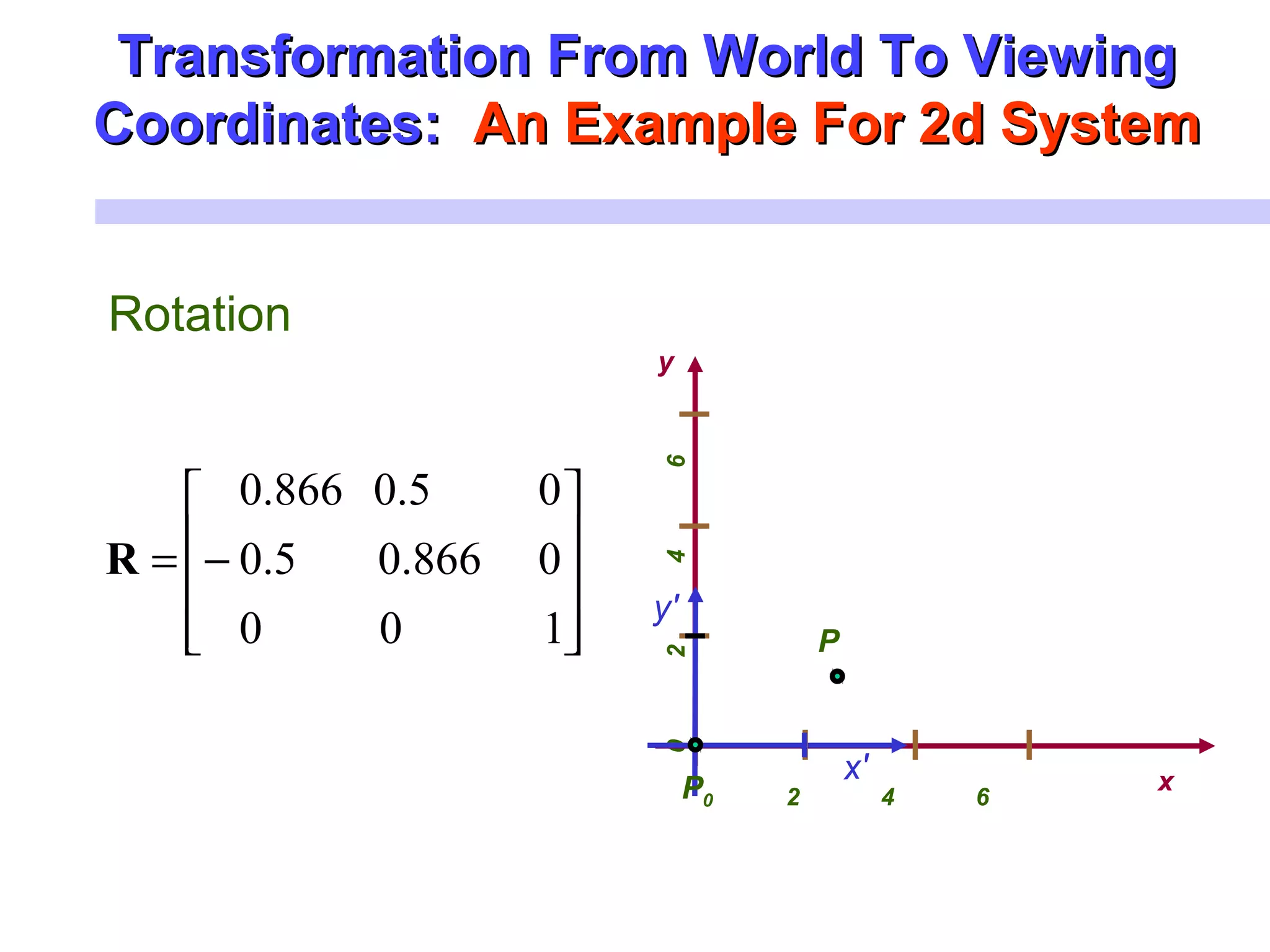 Rotation
0246
y
xx′
y′
2 4 6
P
P0










−=
100
0866.05.0
05.0866.0
R
Transformation From World To ViewingTransformation From World To Viewing
Coordinates:Coordinates: An Example For 2d SystemAn Example For 2d System
 