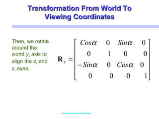 Transformation From World ToTransformation From World To
Viewing CoordinatesViewing Coordinates
Then, we rotate
around the
world yw axis to
align the zw and
zv axes.












−
=
1000
00
0010
00
αα
αα
CosSin
SinCos
yR
 