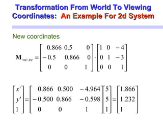 New coordinates










−
−
⋅










−=
100
310
401
100
0866.05.0
05.0866.0
.vcwcM










=




















−−
−
=










1
232.1
866.1
1
5
5
100
598.0866.0500.0
964.4500.0866.0
1
'
'
y
x
Transformation From World To ViewingTransformation From World To Viewing
Coordinates:Coordinates: An Example For 2d SystemAn Example For 2d System
 