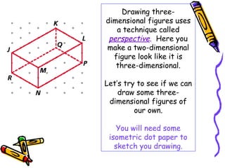 Drawing three-
dimensional figures uses
   a technique called
 perspective. Here you
make a two-dimensional
  figure look like it is
   three-dimensional.

Let’s try to see if we can
    draw some three-
 dimensional figures of
         our own.

    You will need some
 isometric dot paper to
   sketch you drawing.
 