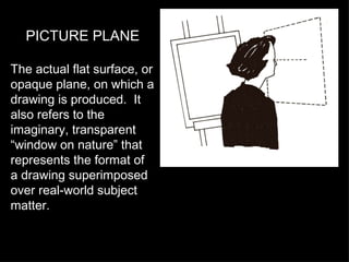 PICTURE PLANE The actual flat surface, or opaque plane, on which a drawing is produced.  It also refers to the imaginary, transparent “window on nature” that represents the format of a drawing superimposed over real-world subject matter. 