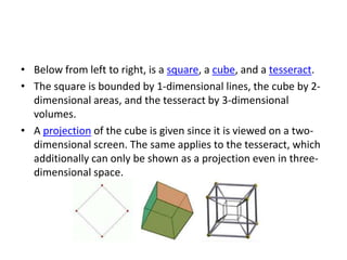 • Below from left to right, is a square, a cube, and a tesseract.
• The square is bounded by 1-dimensional lines, the cube by 2-
  dimensional areas, and the tesseract by 3-dimensional
  volumes.
• A projection of the cube is given since it is viewed on a two-
  dimensional screen. The same applies to the tesseract, which
  additionally can only be shown as a projection even in three-
  dimensional space.
 