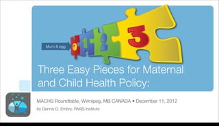 Mum & egg




                           Three Easy Pieces for Maternal
                           and Child Health Policy:
                           MACHS Roundtable, Winnipeg, MB CANADA • December 11, 2012
                           by Dennis D. Embry, PAXIS Institute


Tuesday, December 11, 12
 