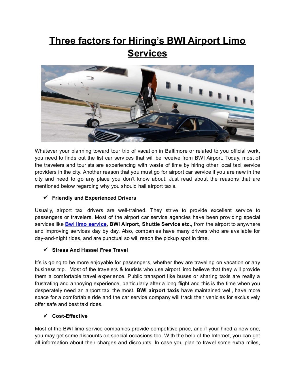 Three Factors For Hiring BWI Airport Limo Services
