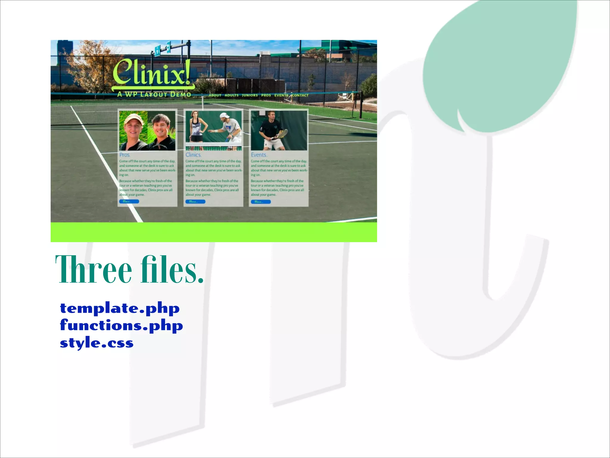 Three ﬁles.
template.php
functions.php
style.css

 
