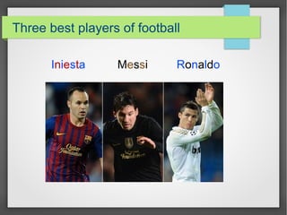 Three best players of football
Iniesta Messi Ronaldo
 