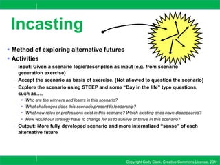 Copyright Cody Clark, Creative Commons License, 2011
Incasting
 Method of exploring alternative futures
 Activities
- Input: Given a scenario logic/description as input (e.g. from scenario
generation exercise)
- Accept the scenario as basis of exercise. (Not allowed to question the scenario)
- Explore the scenario using STEEP and some “Day in the life” type questions,
such as….
 Who are the winners and losers in this scenario?
 What challenges does this scenario present to leadership?
 What new roles or professions exist in this scenario? Which existing ones have disappeared?
 How would our strategy have to change for us to survive or thrive in this scenario?
- Output: More fully developed scenario and more internalized “sense” of each
alternative future
 