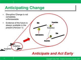 Copyright Cody Clark, Creative Commons License, 20118
Anticipating Change
• Disruptive Change is not
completely
unforeseeable
• Evidence of the future is
always available in the
present (Horizon 1)
Era
Era
EraTransition
Transition
Era
Era
Transition
1
2
3
Anticipatory
Proactive
Reactive
Anticipate and Act Early
 
