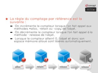 ★ La règle du comptage par référence est la
  suivante :
  ➡ On incrémente le compteur lorsque l’on fait appel aux
    méthodes +alloc, -retain ou -copy de l’objet.
  ➡ On décrémente le compteur lorsque l’on fait appel à la
    méthode - release de l’objet.
  ➡ Lorsque le compteur atteint 0, l’objet et donc son
    espace mémoire alloué sont libérés automatiquement.




                                                      88
 