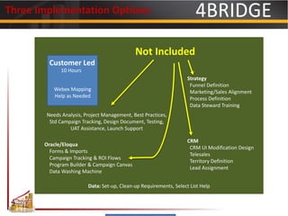 Three Implementation Options:
Webex Mapping
Help as Needed
Data: Set-up, Clean-up Requirements, Select List Help
CRM
CRM UI Modification Design
Telesales
Territory Definition
Lead Assignment
Oracle/Eloqua
Forms & Imports
Campaign Tracking & ROI Flows
Program Builder & Campaign Canvas
Data Washing Machine
Needs Analysis, Project Management, Best Practices,
Std Campaign Tracking, Design Document, Testing,
UAT Assistance, Launch Support
Customer Led
10 Hours
Strategy
Funnel Definition
Marketing/Sales Alignment
Process Definition
Data Steward Training
Not Included
 