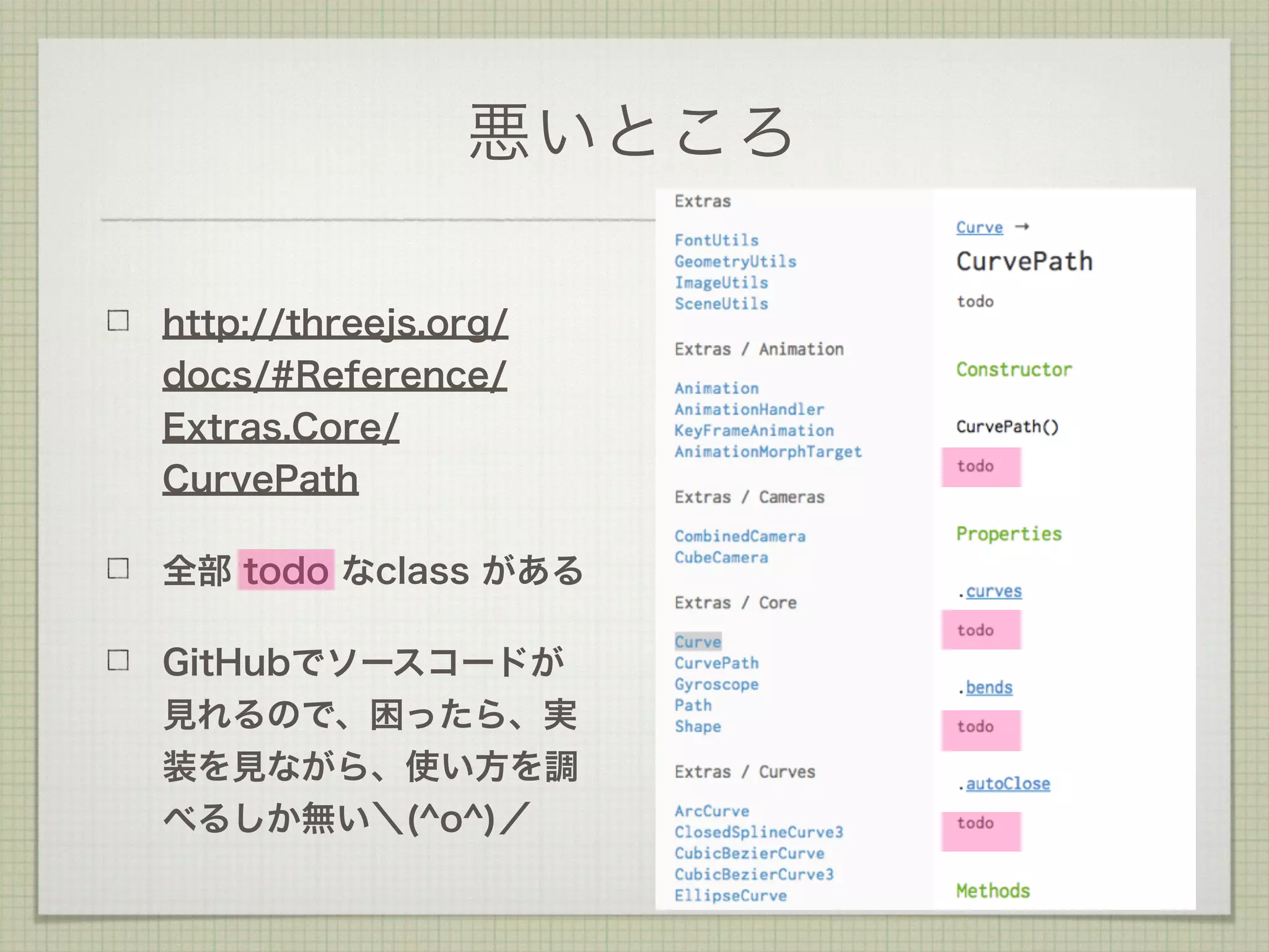 悪いところ
http://threejs.org/
docs/#Reference/
Extras.Core/
CurvePath
全部 todo なclass がある
GitHubでソースコードが
見れるので、困ったら、実
装を見ながら、使い方を調
べるしか無い＼(^o^)／
 