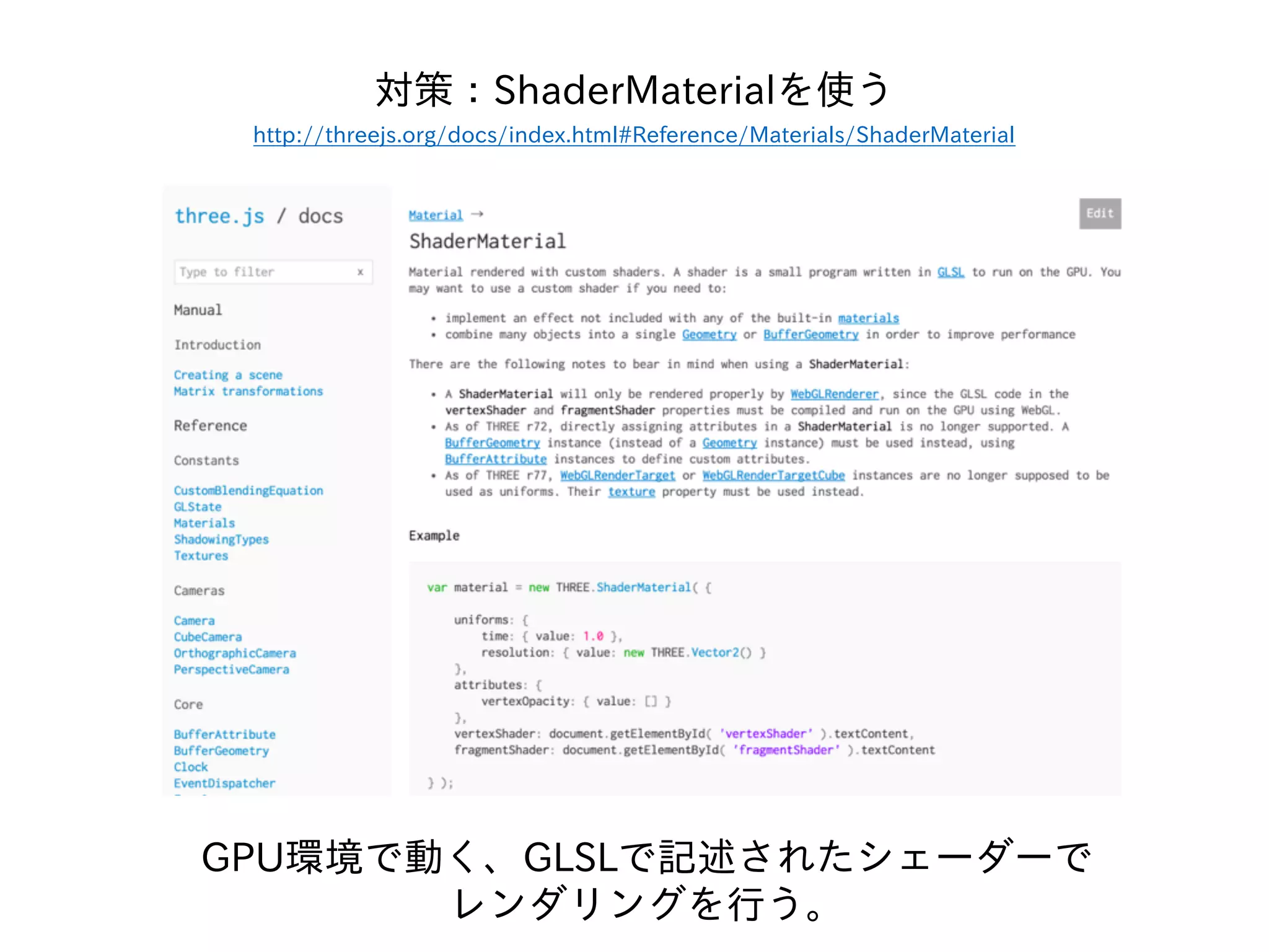 GPU環境で動く、GLSLで記述されたシェーダーで
レンダリングを⾏う。
対策：ShaderMaterialを使う
http://threejs.org/docs/index.html#Reference/Materials/ShaderMaterial
 