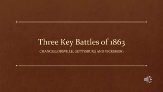 Three Key Battles of 1863
CHANCELLORSVILLE, GETTYSBURG AND VICKSBURG
 