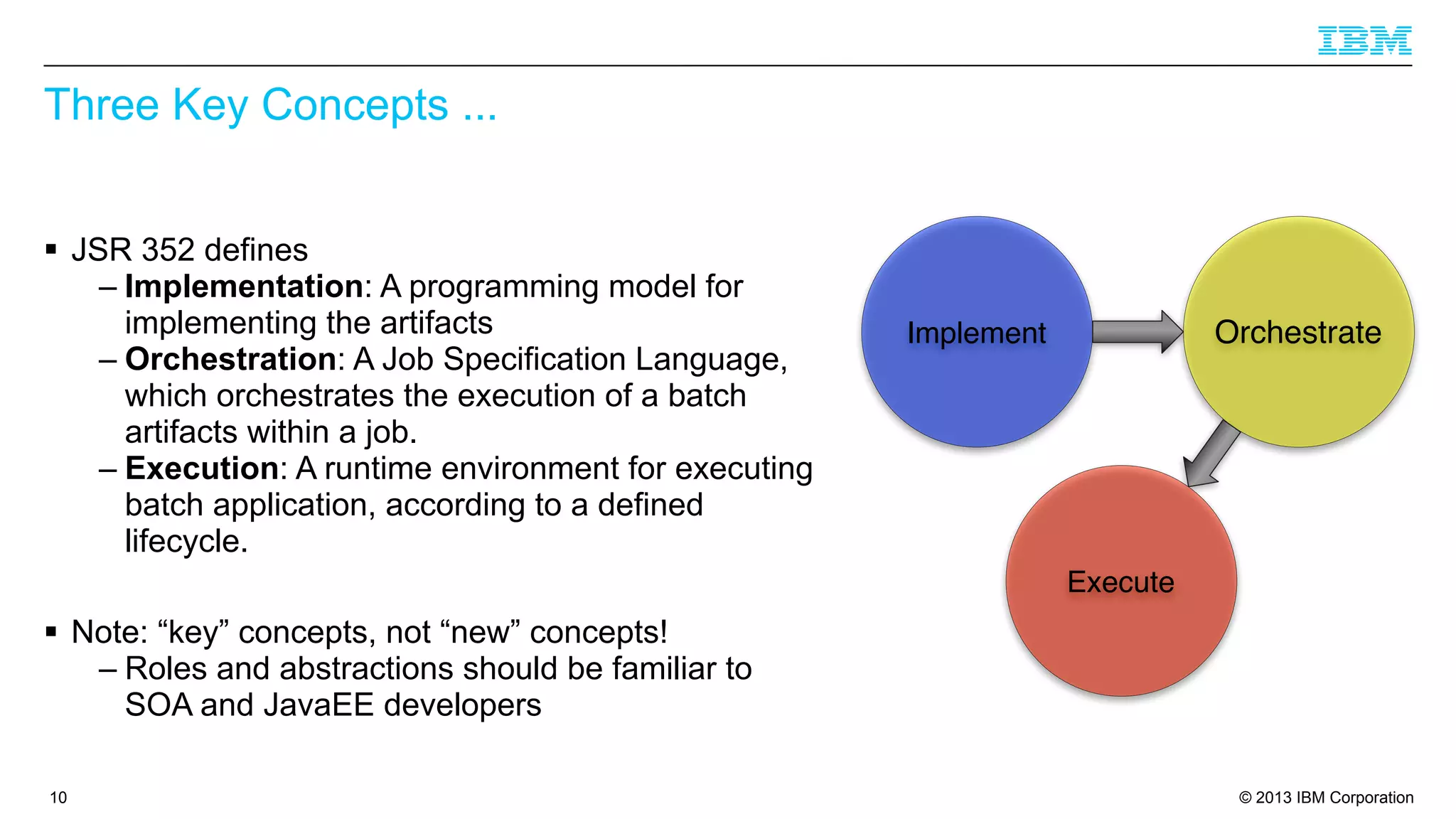 Three Key Concepts ...
§ JSR 352 defines
– Implementation: A programming model for
implementing the artifacts
– Orchestration: A Job Specification Language,
which orchestrates the execution of a batch
artifacts within a job.
– Execution: A runtime environment for executing
batch application, according to a defined
lifecycle.

Orchestrate

Implement

Execute

§ Note: “key” concepts, not “new” concepts!
– Roles and abstractions should be familiar to
SOA and JavaEE developers
10

© 2013 IBM Corporation

 