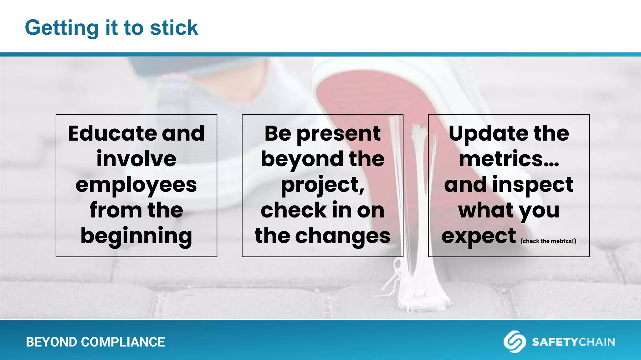 BEYOND COMPLIANCE
Getting it to stick
Educate and
involve
employees
from the
beginning
Be present
beyond the
project,
check in on
the changes
Update the
metrics…
and inspect
what you
expect (check the metrics!)
 