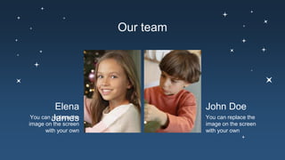 Our team
You can replace the
image on the screen
with your own
Elena
James You can replace the
image on the screen
with your own
John Doe
 