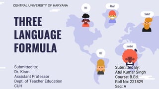 Hi!
Oi!
Aluu!
Jambo!
Salut!
THREE
LANGUAGE
FORMULA
Submitted to:
Dr. Kiran
Assistant Professor
Dept. of Teacher Education
CUH
CENTRAL UNIVERSITY OF HARYANA
Submitted By:
Atul Kumar Singh
Course: B.Ed.
Roll No: 221829
Sec: A
 