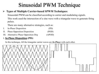 Sinusoidal PWM Technique
 Types of Multiple Carrier-based SPWM Techniques:
Sinusoidal PWM can be classified according to carrier and modulating signals.
This work used the intersection of a sine wave with a triangular wave to generate firing
pulses.
There are many alternative strategies, such as:
I. In-Phase Disposition (PD)
II. Phase Opposition Disposition (POD)
III. Alternative Phase Opposition Disposition (APOD)
I. In-Phase Disposition (PD):
In this technique, All the triangular carrier waves are In-Phase with each other.
11
 