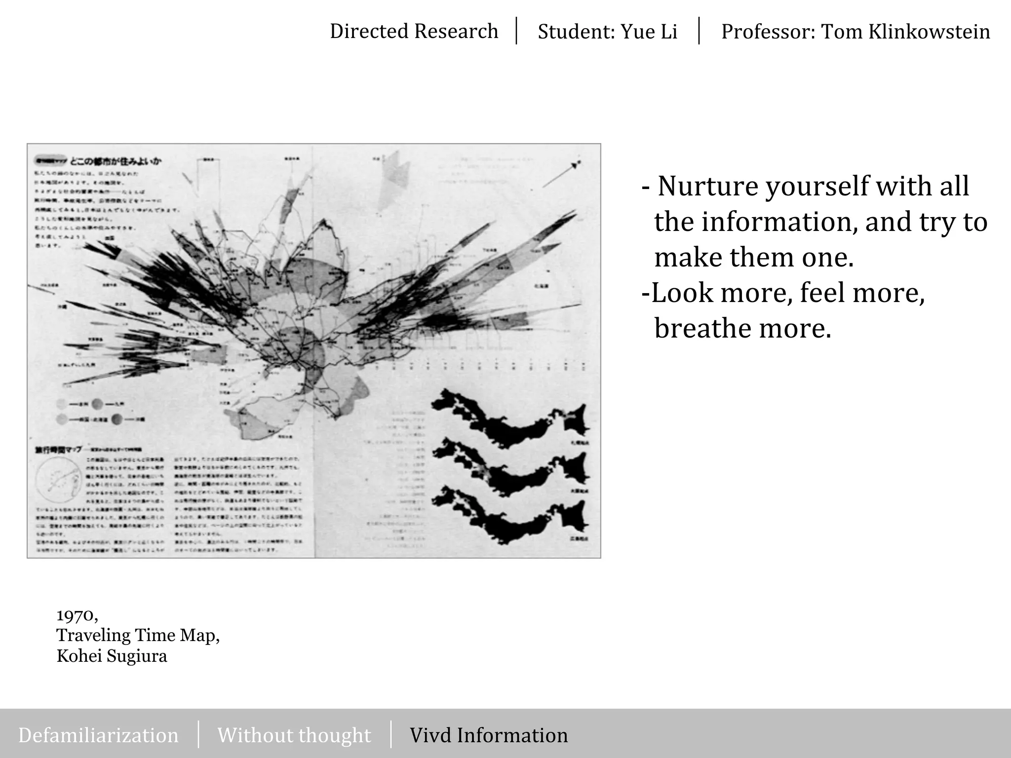 Directed	
  Research Student:	
  Yue	
  Li Professor:	
  Tom	
  Klinkowstein
1970,
Traveling Time Map,
Kohei Sugiura
-­‐	
  Nurture	
  yourself	
  with	
  all	
  
	
  	
  the	
  information,	
  and	
  try	
  to	
  
	
  	
  make	
  them	
  one.
-­‐Look	
  more,	
  feel	
  more,	
  
	
  	
  breathe	
  more.
Without	
  thought Vivd	
  InformationDefamiliarization
 