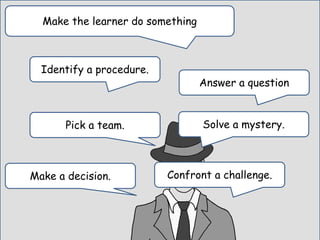 Make the learner do something
Answer a question
Identify a procedure.
Make a decision.
Solve a mystery.
Confront a challenge.
Pick a team.
 