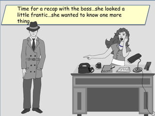 Time for a recap with the boss…she looked a
little frantic…she wanted to know one more
thing.
 