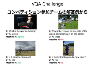 VQA Challenge
コンペティション参加チームの解答例から
Q: What is the woman holding?
GT A: laptop
Machine A: laptop
Q: Is it going to rain soon...
