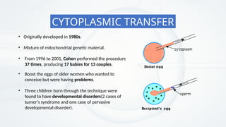 • Originally developed in 1980s.
• Mixture of mitochondrial genetic material.
• From 1996 to 2001, Cohen performed the procedure
37 times, producing 17 babies for 13 couples.
• Boost the eggs of older women who wanted to
conceive but were having problems.
• Three children born through the technique were
found to have developmental disorders(2 cases of
turner’s syndrome and one case of pervasive
developmental disorder).
CYTOPLASMIC TRANSFER
 