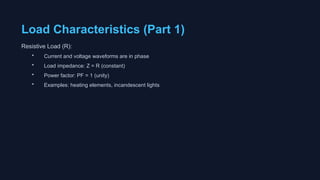 Load Characteristics (Part 1)
Resistive Load (R):
• Current and voltage waveforms are in phase
• Load impedance: Z = R (constant)
• Power factor: PF = 1 (unity)
• Examples: heating elements, incandescent lights
 