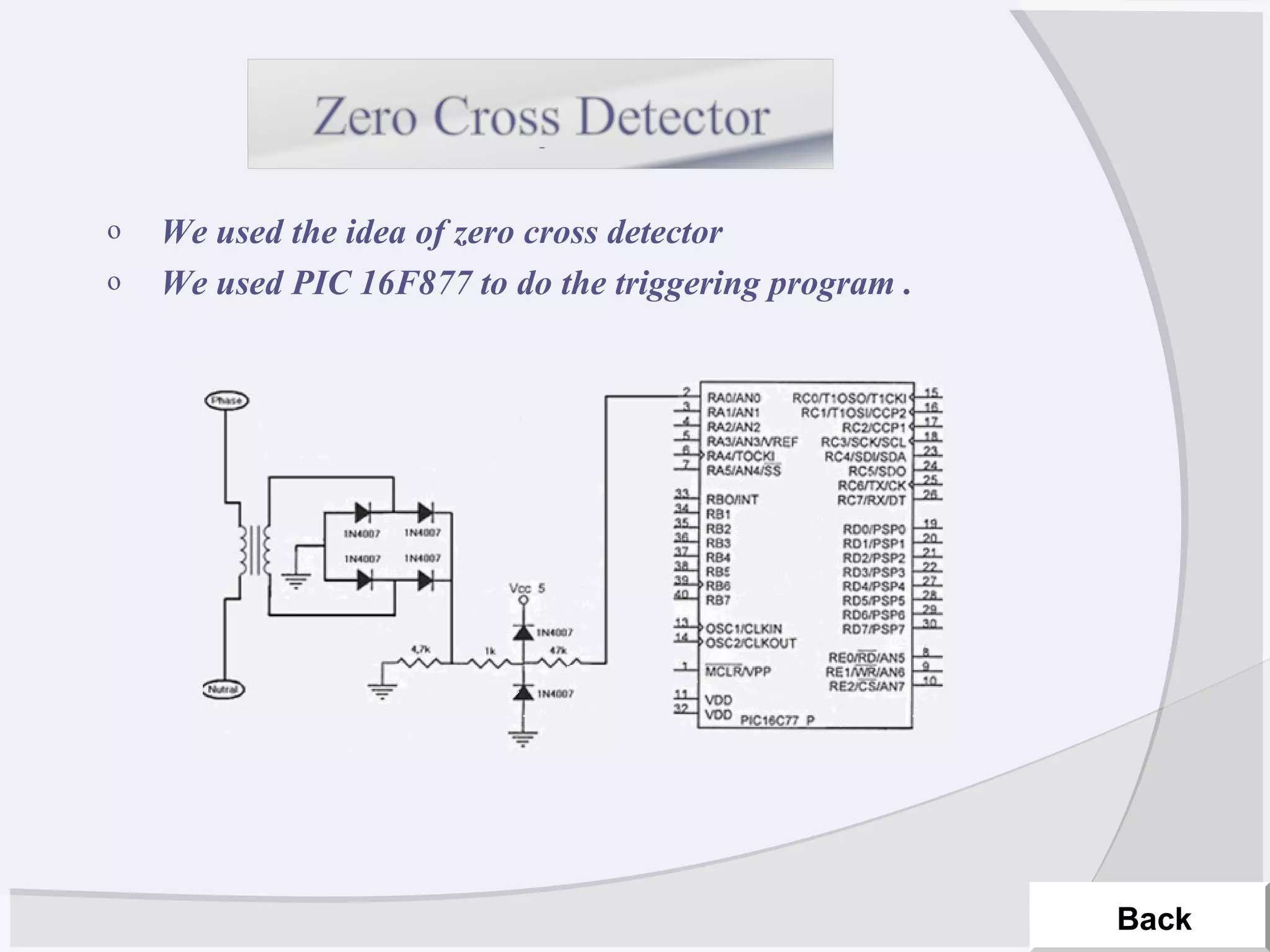 o We used the idea of zero cross detector
o We used PIC 16F877 to do the triggering program .
Back
 