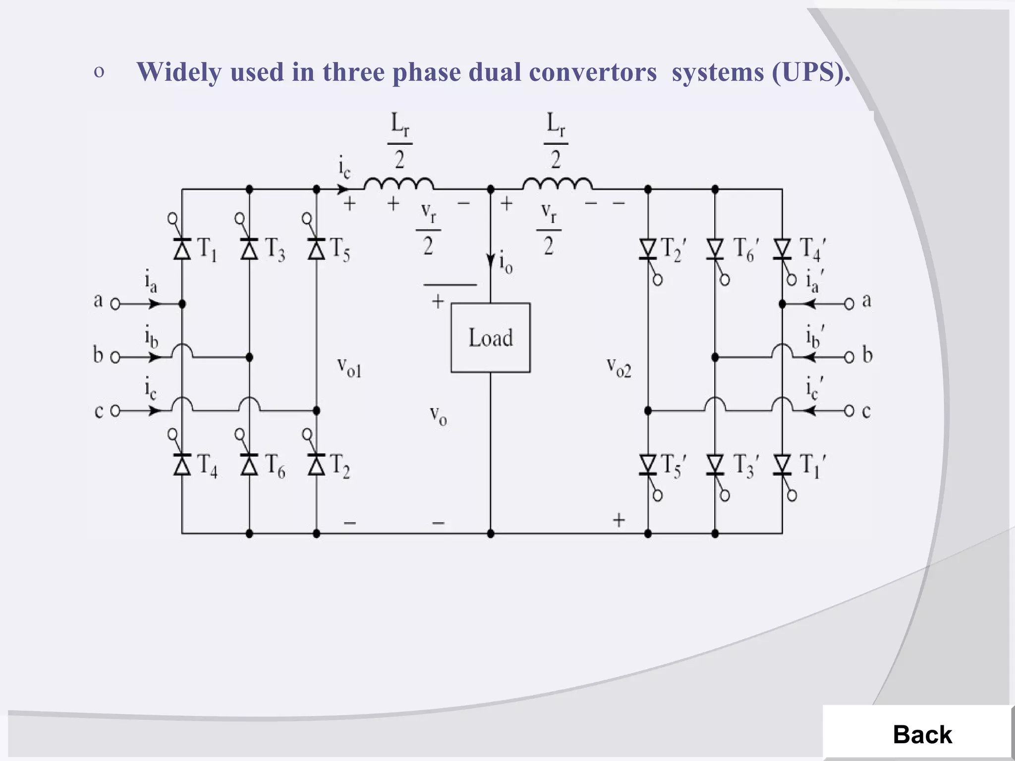 o Widely used in three phase dual convertors systems (UPS).
Back
 
