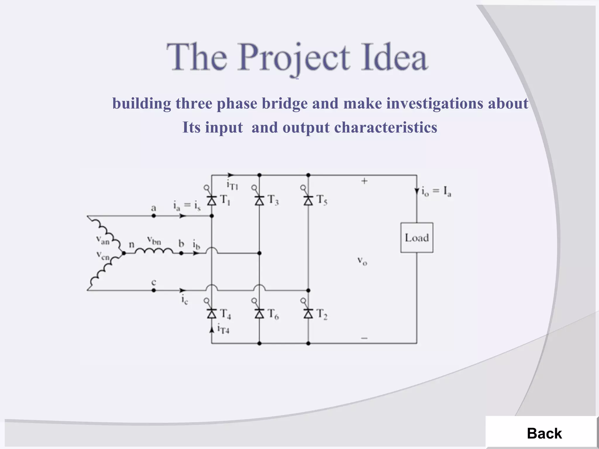 building three phase bridge and make investigations about
Its input and output characteristics
Back
 