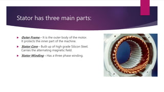 Stator has three main parts:
 Outer Frame – It is the outer body of the motor.
It protects the inner part of the machine.
 Stator Core – Built up of high grade Silicon Steel.
Carries the alternating magnetic field.
 Stator Winding – Has a three phase winding.
 