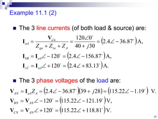 24
Example 11.1 (2)
 The 3 line currents (of both load & source) are:
 The 3 phase voltages of the load are:
 
 
  .
A
13
.
83
4
.
2
120
,
A
87
.
156
4
.
2
120
,
A
87
.
36
4
.
2
30
40
0
120
1


























 
aA
cC
aA
bB
A
a
ga
n
a
aA
j
Z
Z
Z
I
I
I
I
V
I
    
 
  .
V
81
.
118
22
.
115
120
,
V
19
.
121
22
.
115
120
.
V
19
.
1
22
.
115
28
39
87
.
36
4
.
2


























AN
CN
AN
BN
A
aA
AN j
Z
V
V
V
V
I
V
 