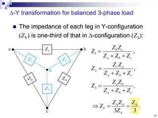 29
-Y transformation for balanced 3-phase load
 The impedance of each leg in Y-configuration
(ZY) is one-third of that in -configuration (Z):
.
,
,
3
2
1
c
b
a
b
a
c
b
a
a
c
c
b
a
c
b
Z
Z
Z
Z
Z
Z
Z
Z
Z
Z
Z
Z
Z
Z
Z
Z
Z
Z









.
3
3







Z
Z
Z
Z
ZY
 